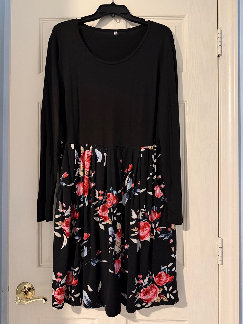 Black Floral Long-Sleeve A-Line Dress